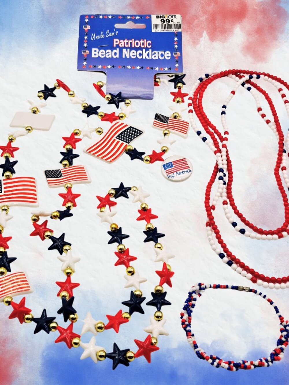 Vintage Patriotic Jewelry Lot USA Flag Bead Necklaces Choker Pin 4th of July
